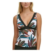 Women's White Printed Lined Molded Cups Adjustable Deep V Neck Tankini Swimsuit Top XS